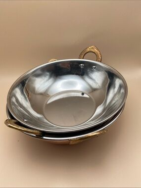 Traditional Indian Copper Serving Kadai Bowl with Brass Handles - Set of 2
